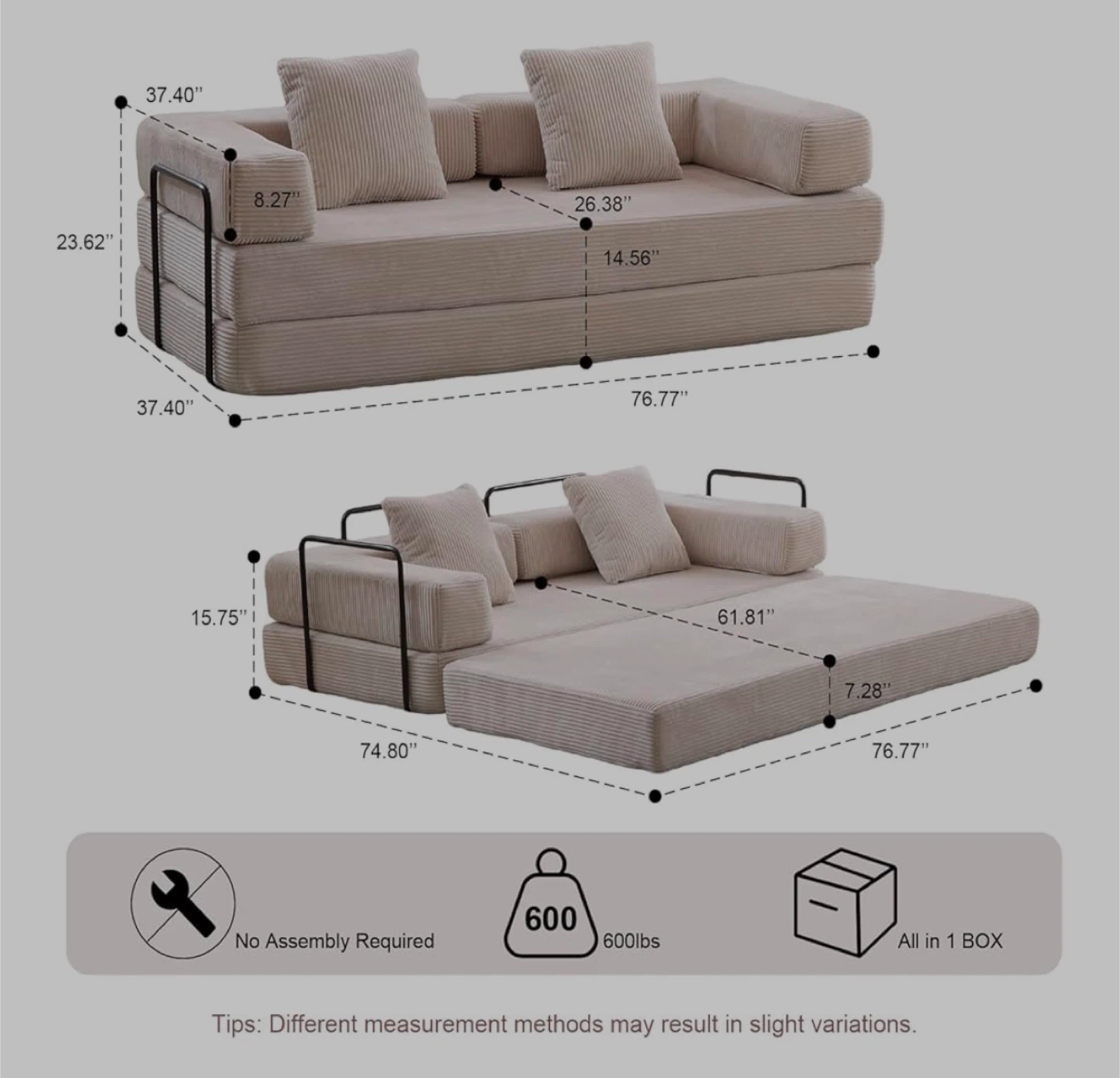 Beige Corduroy Sofa Bed - Converts to Lounger - photo 2