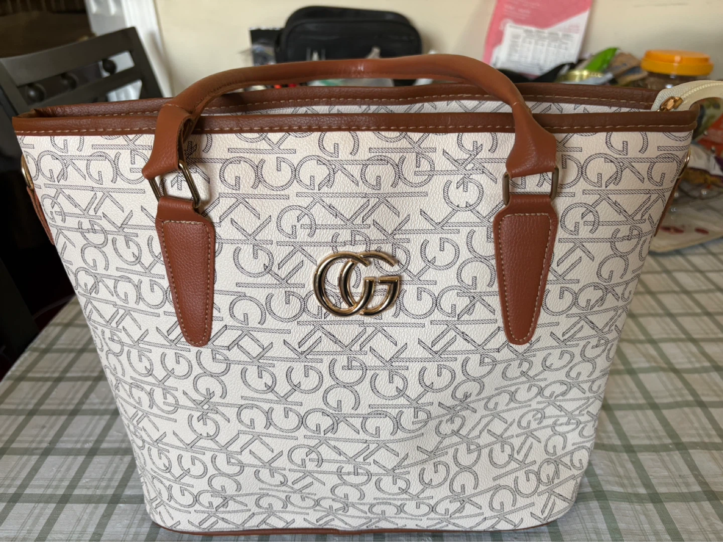 White and Brown Monogram Tote Bag