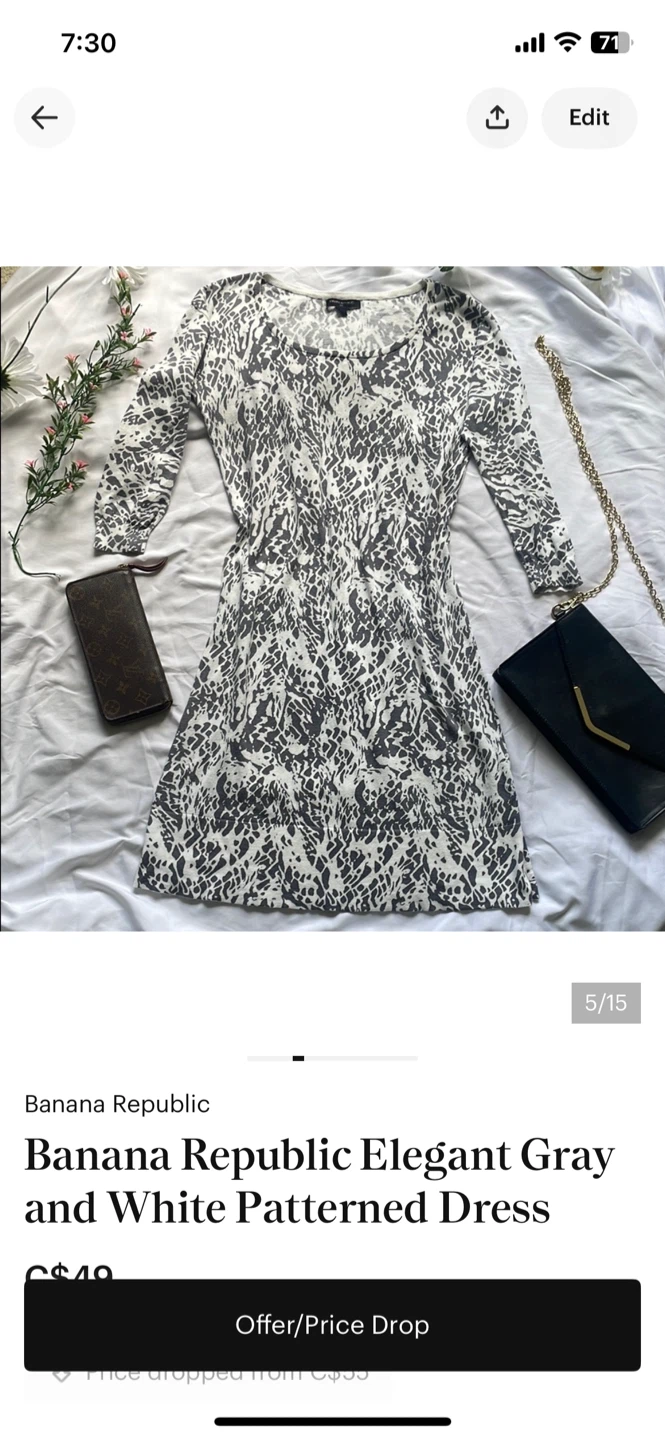 Banana Republic Elegant Gray and White Patterned Dress