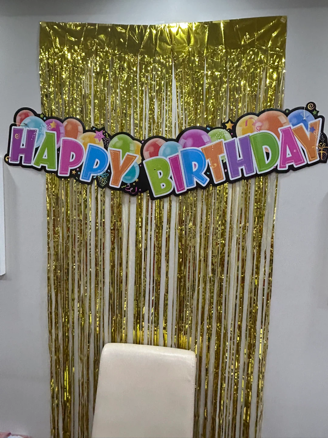 Happy Birthday Banner with Gold Fringe Curtain
