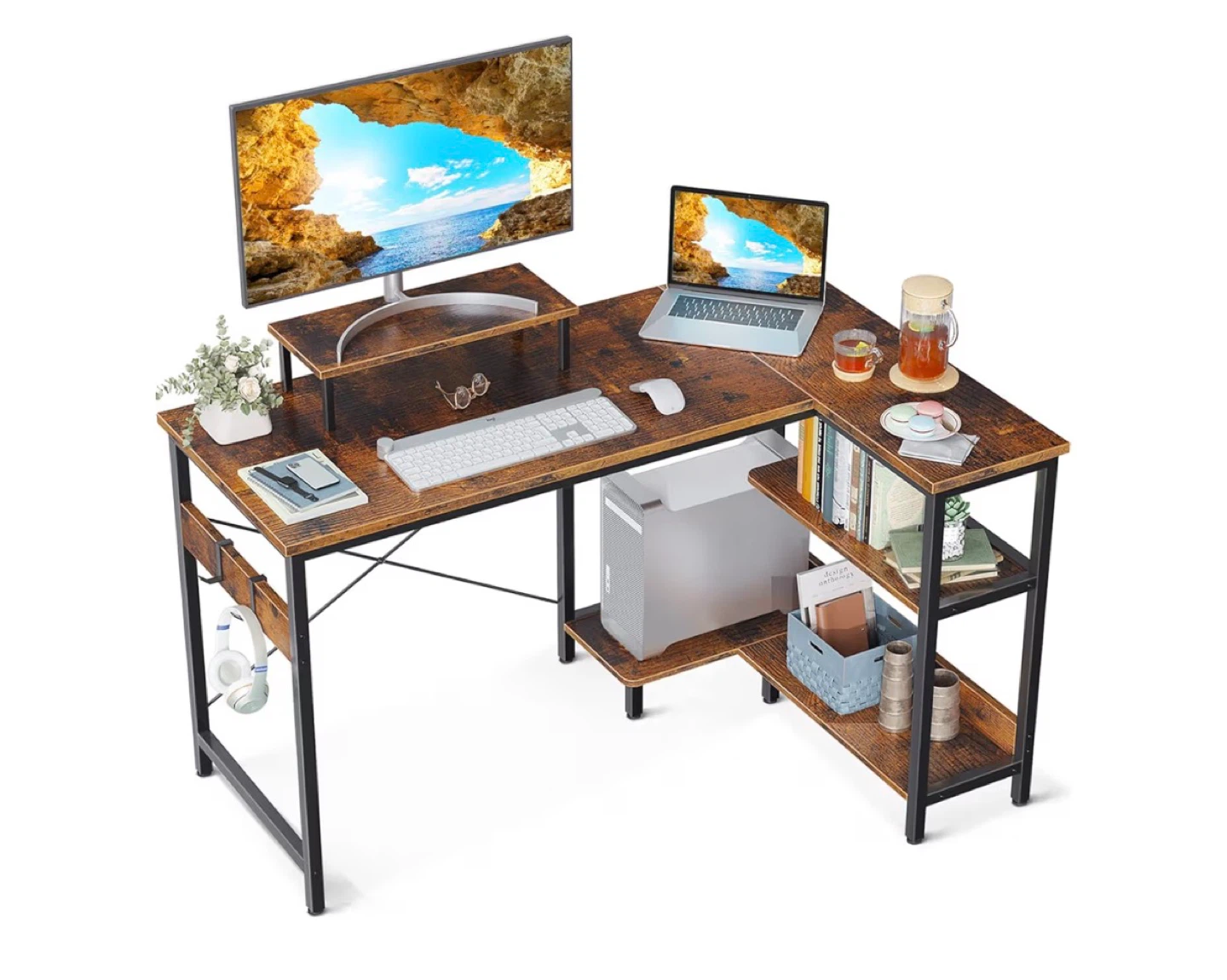 Rustic L-Shaped Computer Desk with Shelves - photo 2