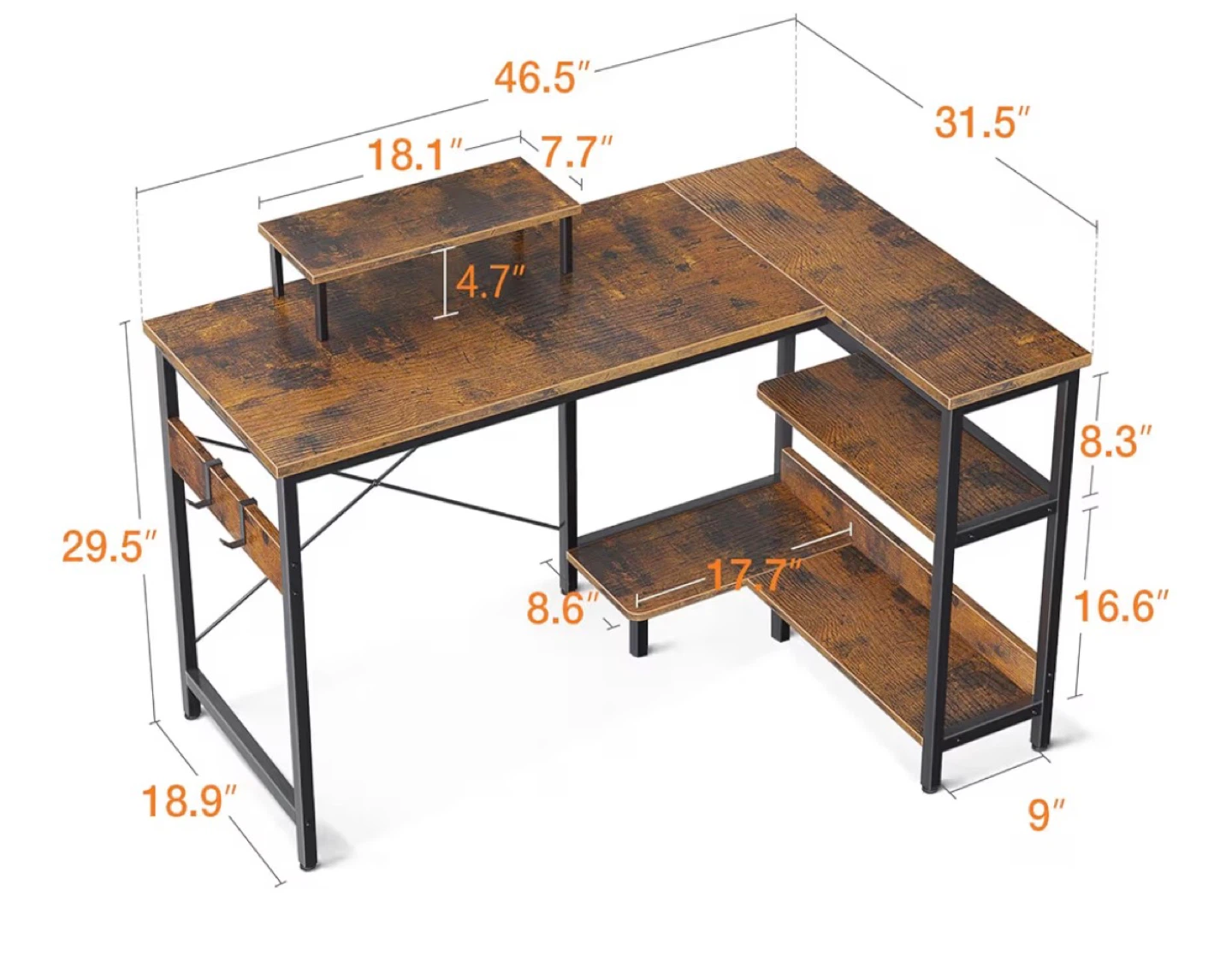 Rustic L-Shaped Computer Desk with Shelves - photo 3