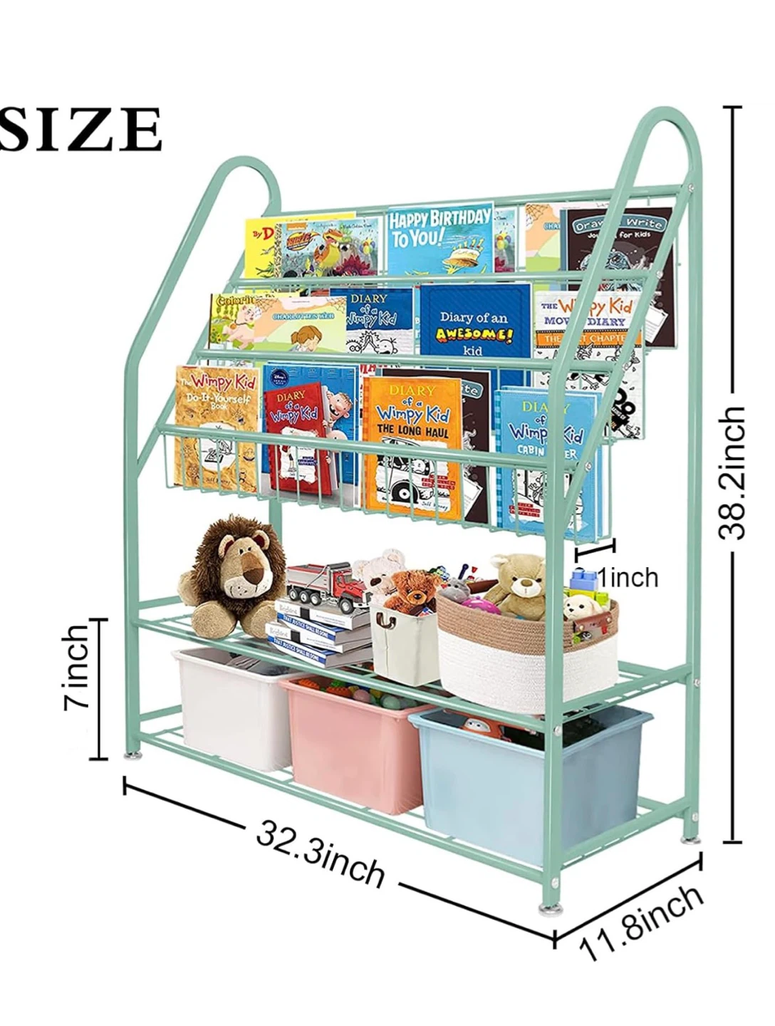 Light Green Metal Kids Bookcase with Storage Bins - photo 2