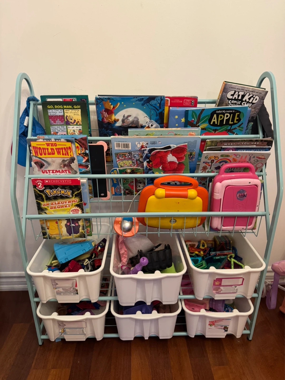 Light Green Metal Kids Bookcase with Storage Bins