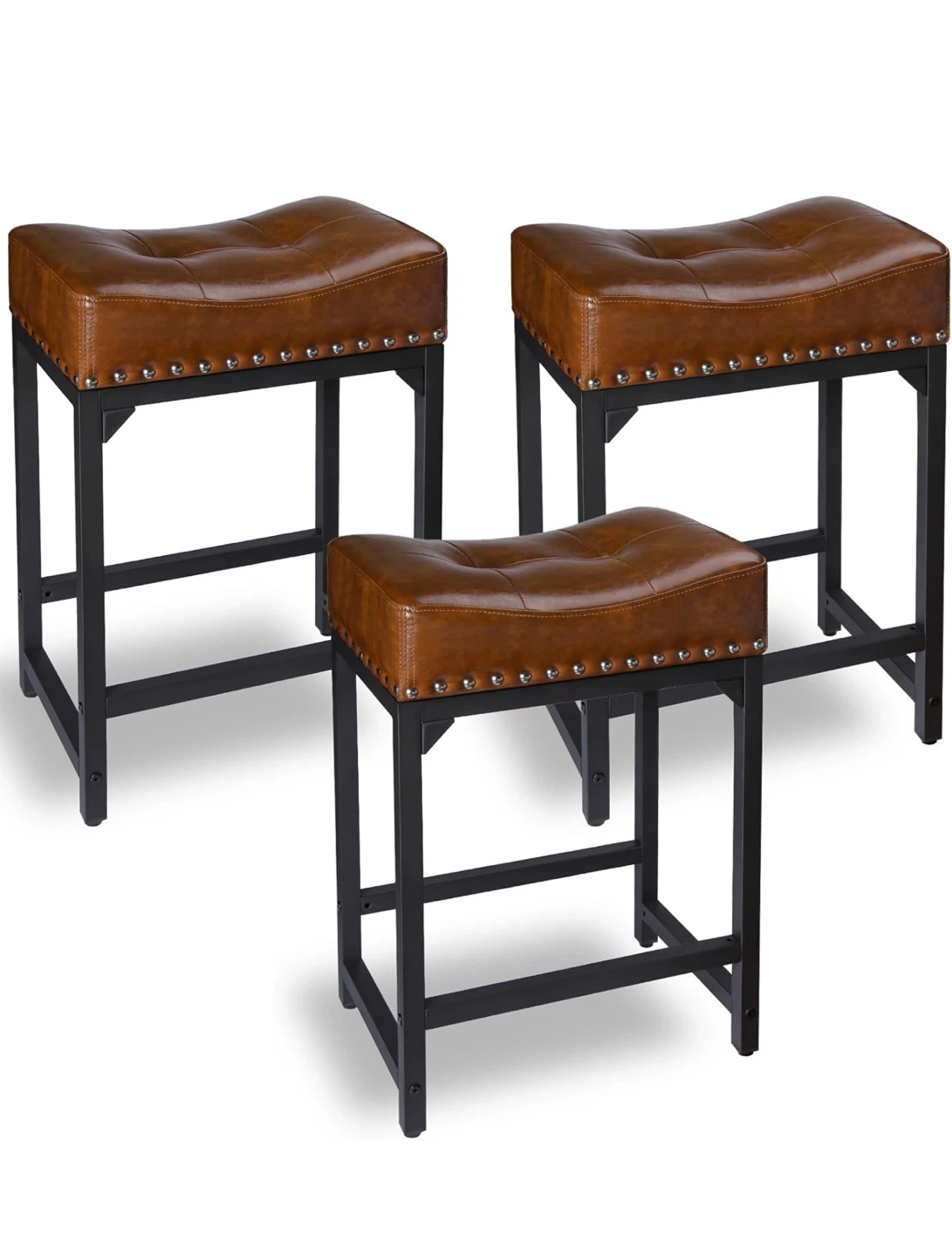 Set of 3 Brown PU Leather Counter Height Bar Stools