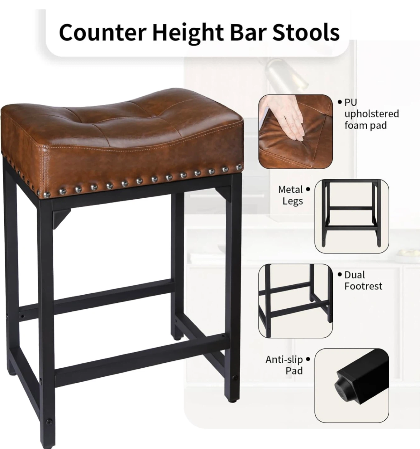 Set of 3 Brown PU Leather Counter Height Bar Stools - photo 3