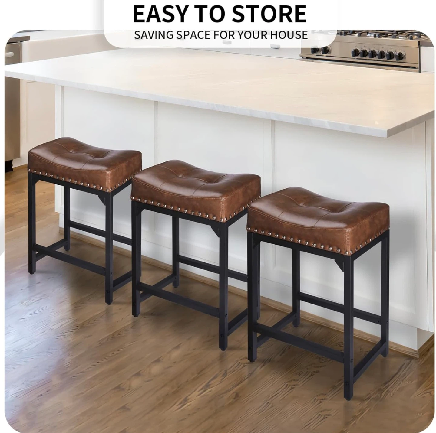 Set of 3 Brown PU Leather Counter Height Bar Stools - photo 2