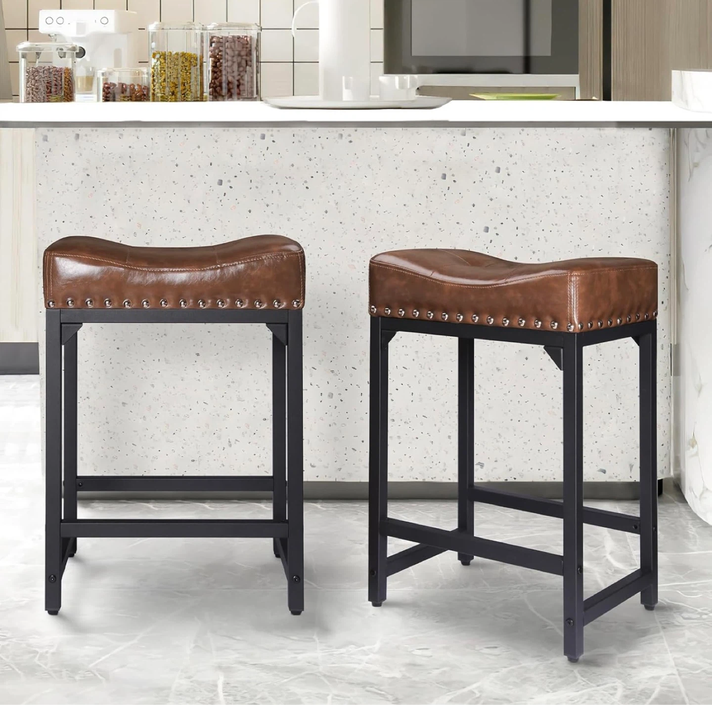 Set of 3 Brown PU Leather Counter Height Bar Stools - photo 5