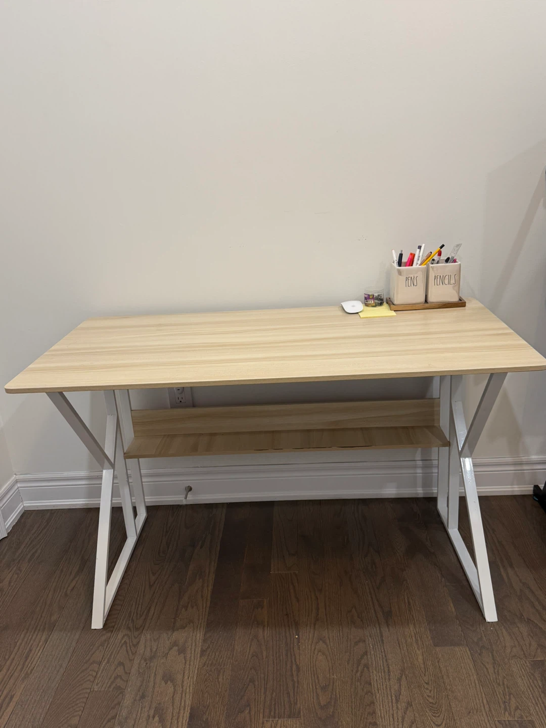 Wood and White Metal Desk with Shelf