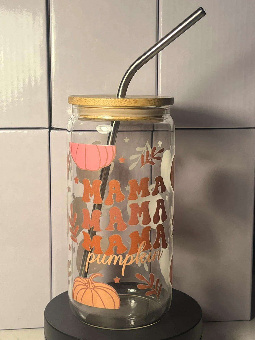 Mama Pumpkin Glass Tumbler with Bamboo Lid and Straw