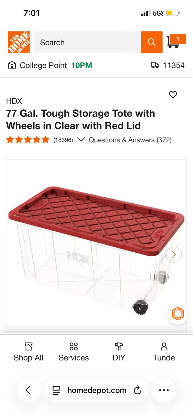 HDX 77 Gal. Tough Storage Tote with Wheels - Clear/Red Lid