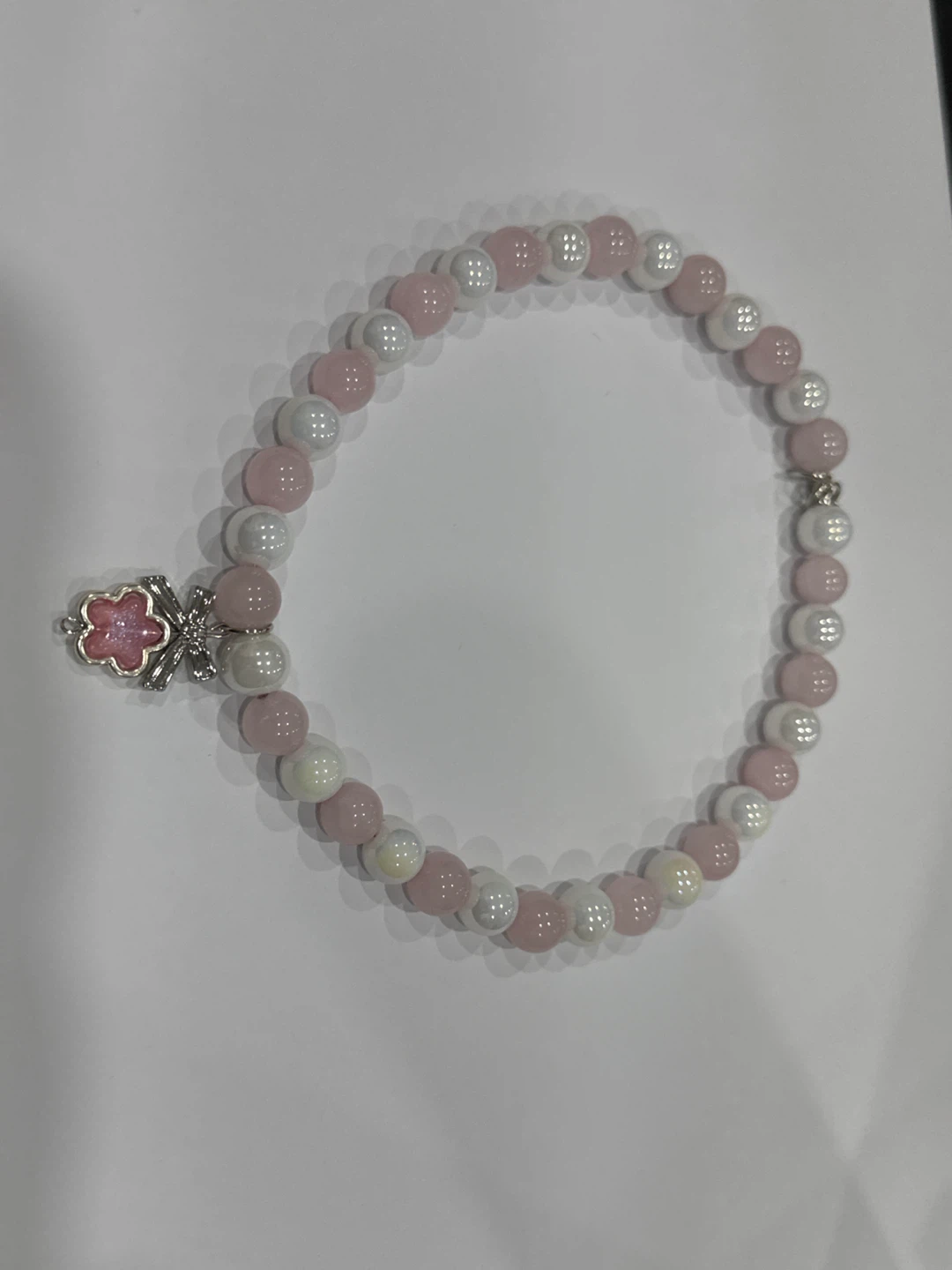 Pink and White Beaded Bracelet with Charm