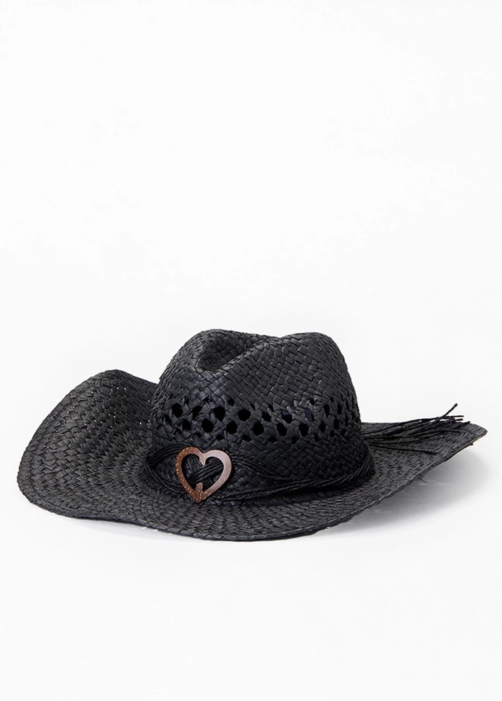 Black Woven Cowboy Hat with Heart Detail