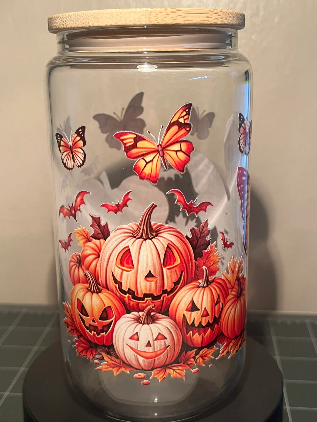 Halloween Skeleton & Pumpkin Tumbler Glass with Bamboo Lid - photo 3