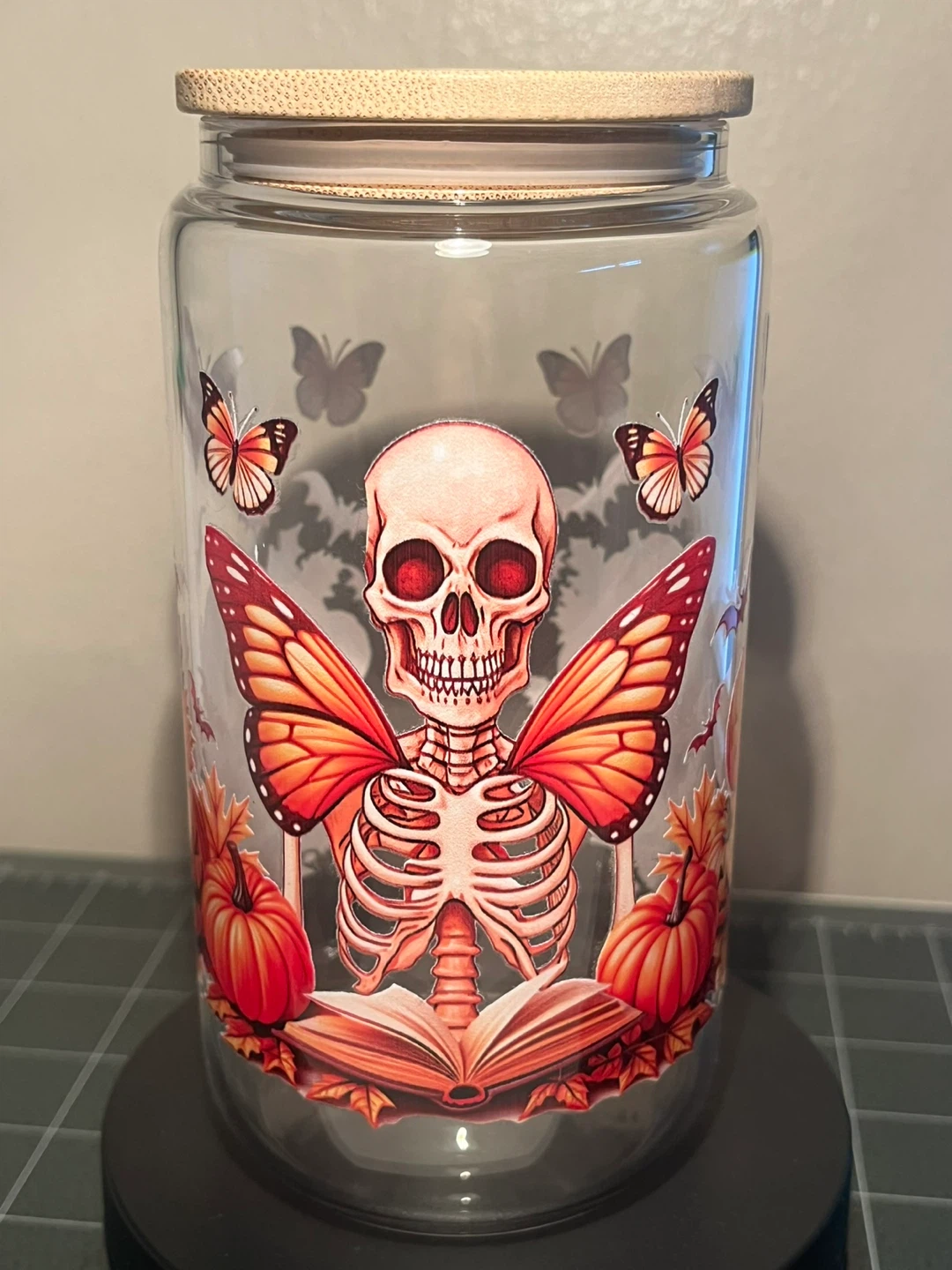 Halloween Skeleton & Pumpkin Tumbler Glass with Bamboo Lid