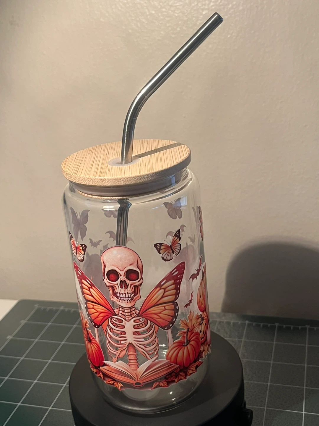 Halloween Skeleton & Pumpkin Tumbler Glass with Bamboo Lid - photo 5