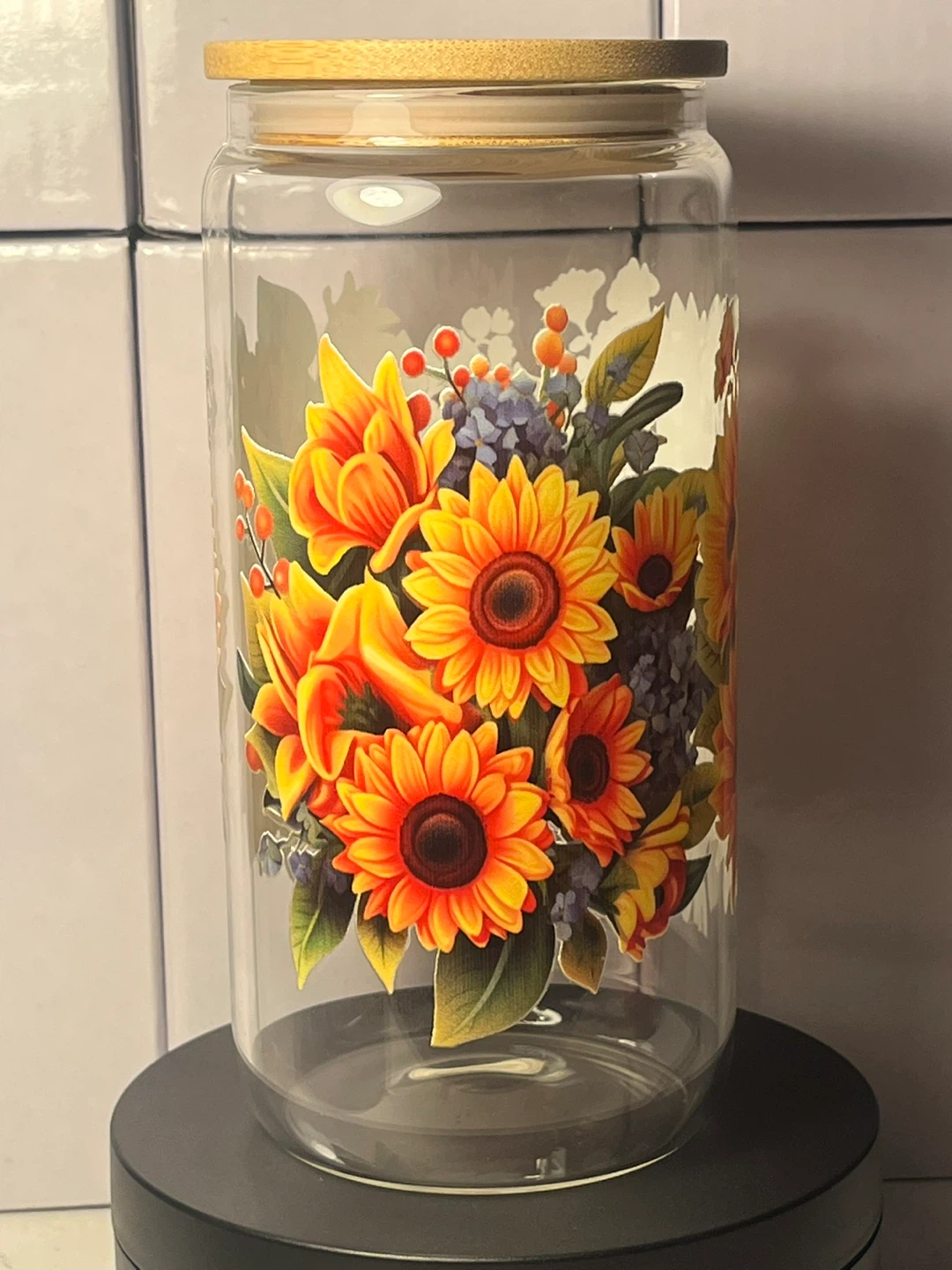 Sunflower Bouquet Glass Can Tumbler with Bamboo Lid & Straw - photo 4