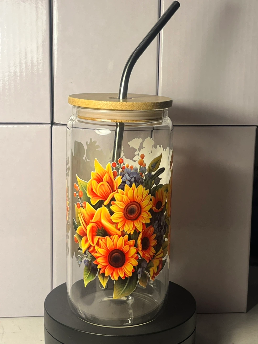 Sunflower Bouquet Glass Can Tumbler with Bamboo Lid & Straw