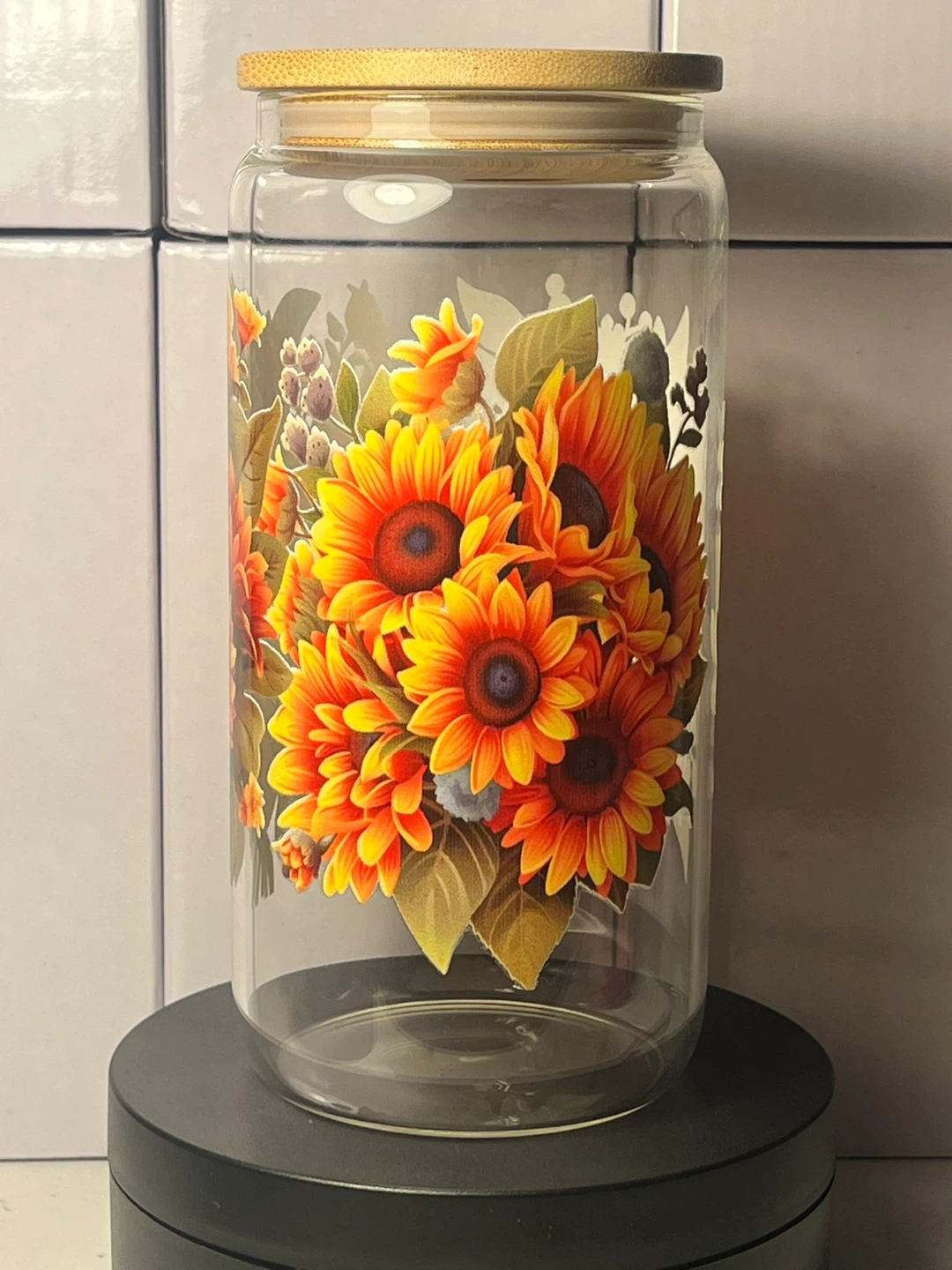 Sunflower Bouquet Glass Can Tumbler with Bamboo Lid & Straw - photo 2