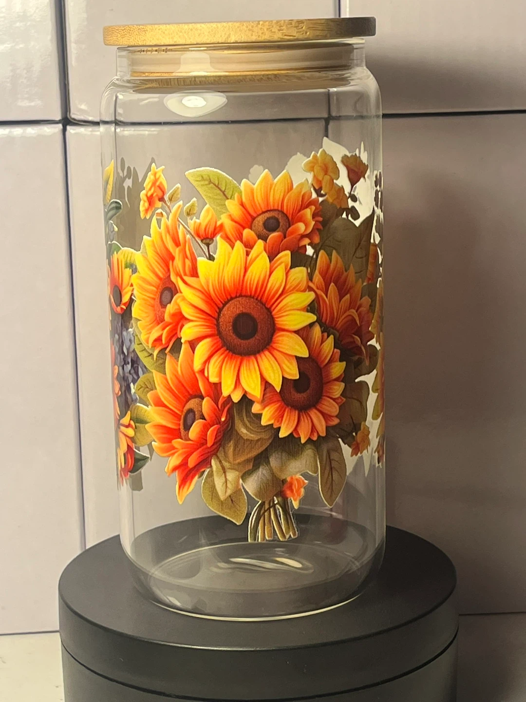 Sunflower Bouquet Glass Can Tumbler with Bamboo Lid & Straw - photo 3