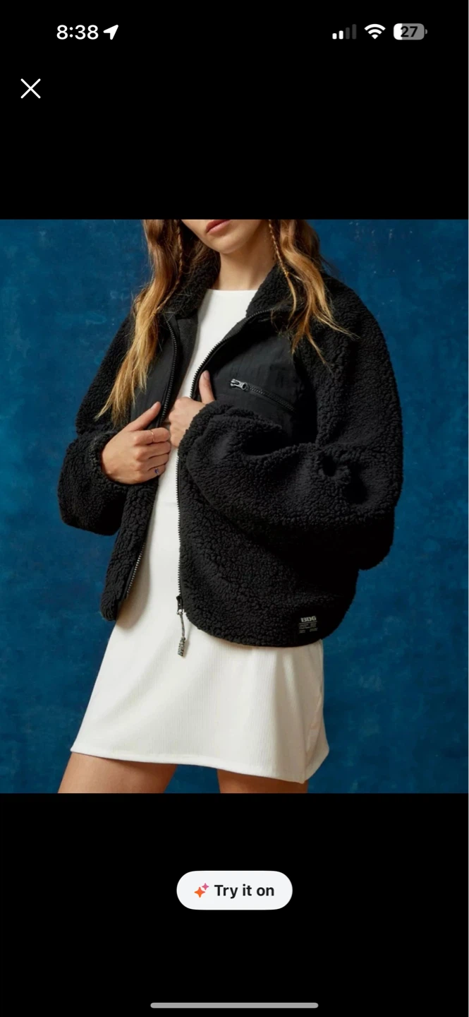 UO BDG Chuck Fleece Zip-Up Jacket - Black - Size XS