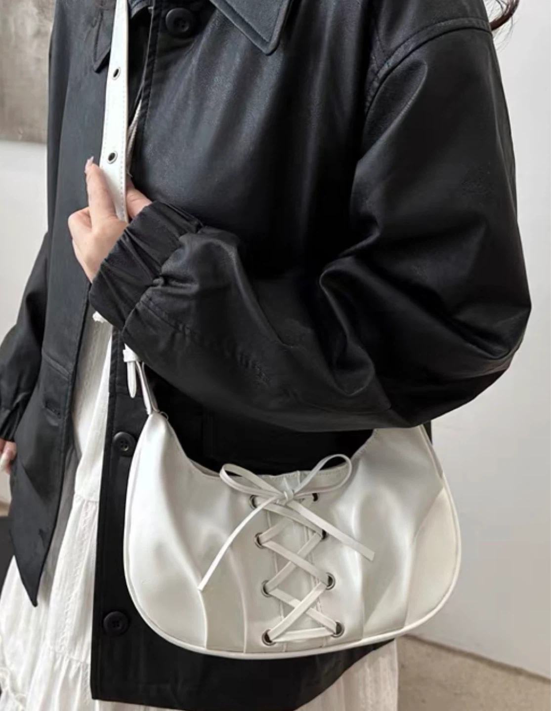 Brand New White Ribbon Shoulder Bag with Lace-Up Detail - photo 4