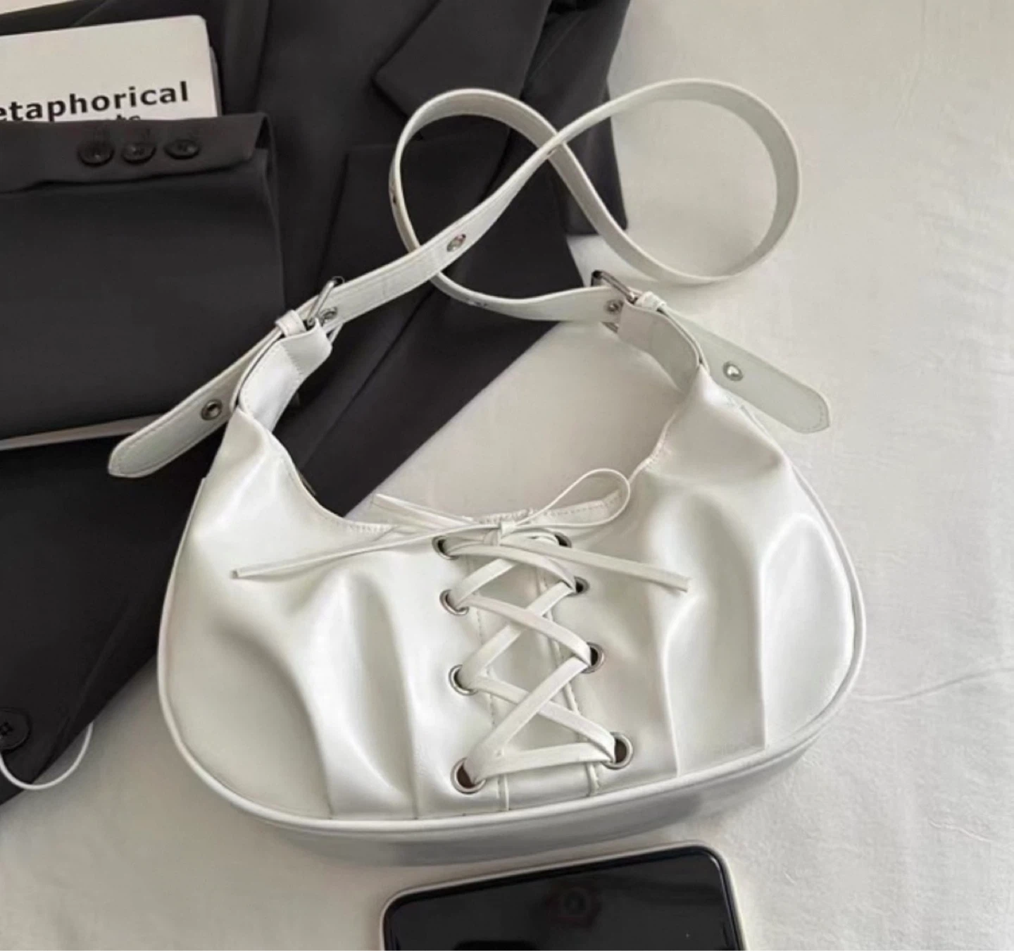 Brand New White Ribbon Shoulder Bag with Lace-Up Detail