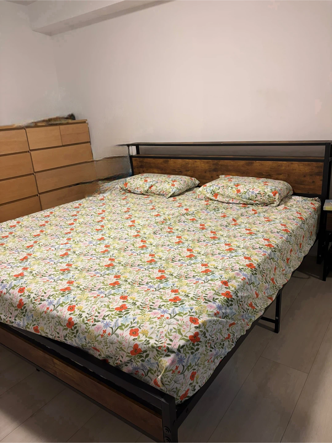Queen Size Metal Bed Frame with Floral Bedding
