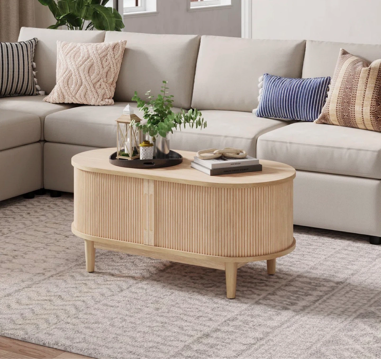 Mid-Century Modern Oval Coffee Table with Storage