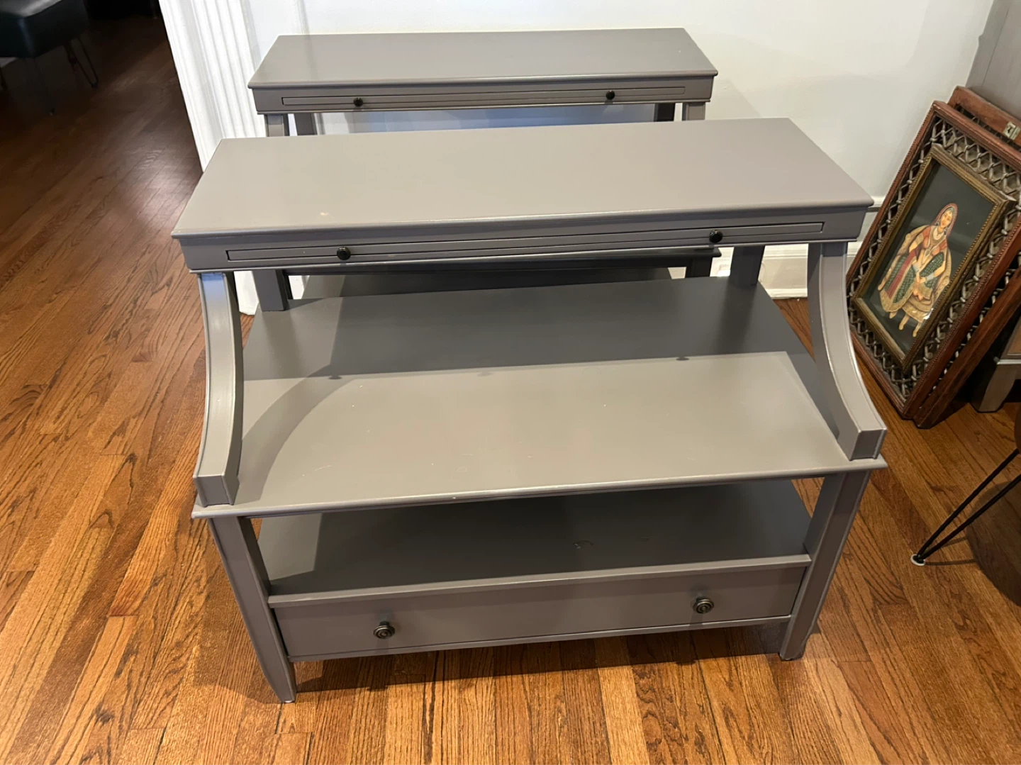 2 Grey Console/ Bed side  Tables with Drawer and Shelves