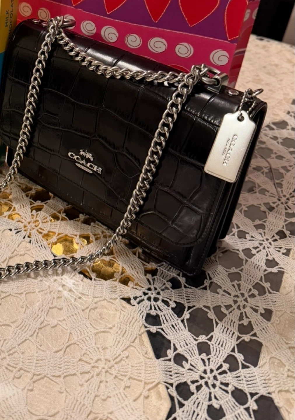 Coach Black Croc Embossed Leather Shoulder Bag