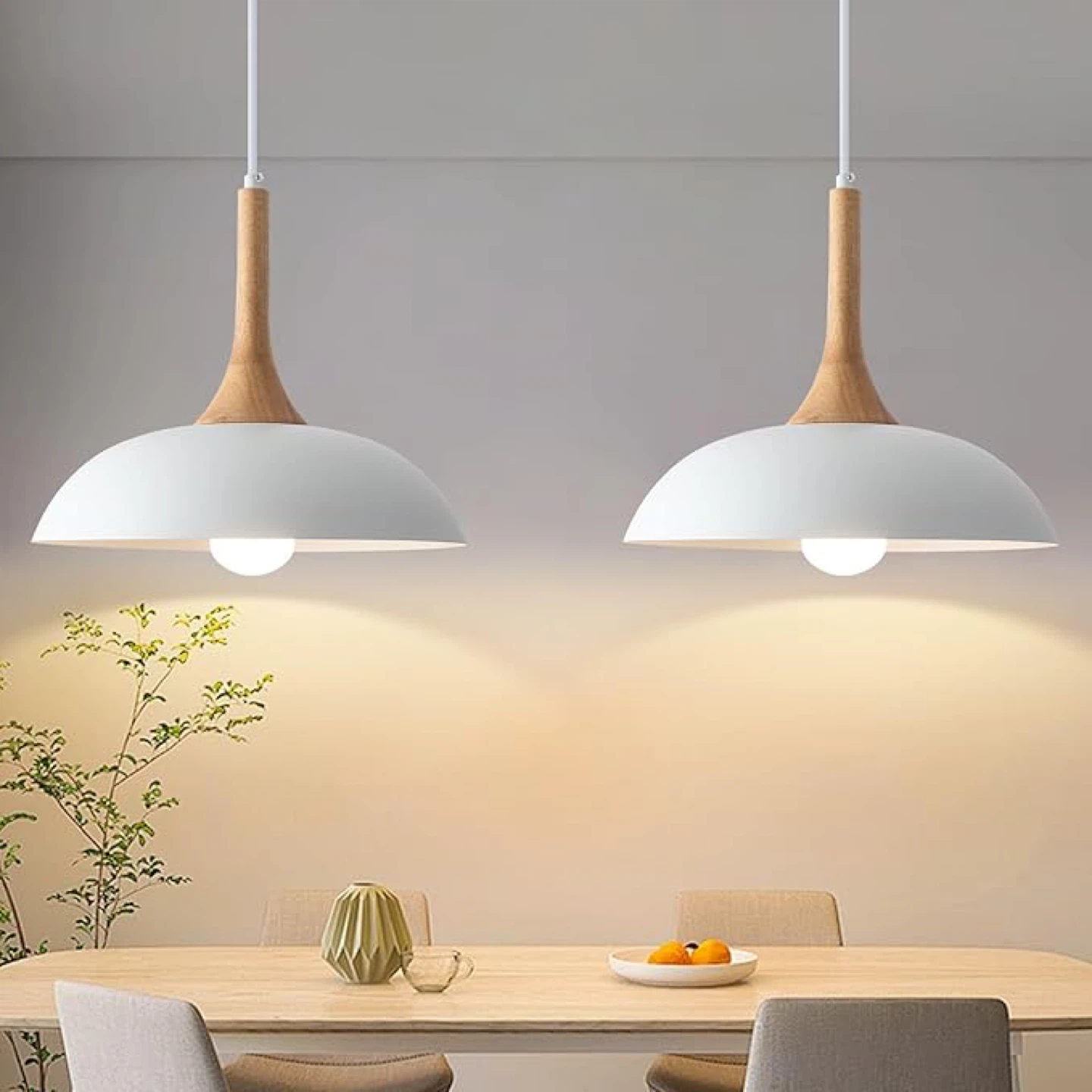 White Pendant Light with Wood Accent - 13.8" Diameter
