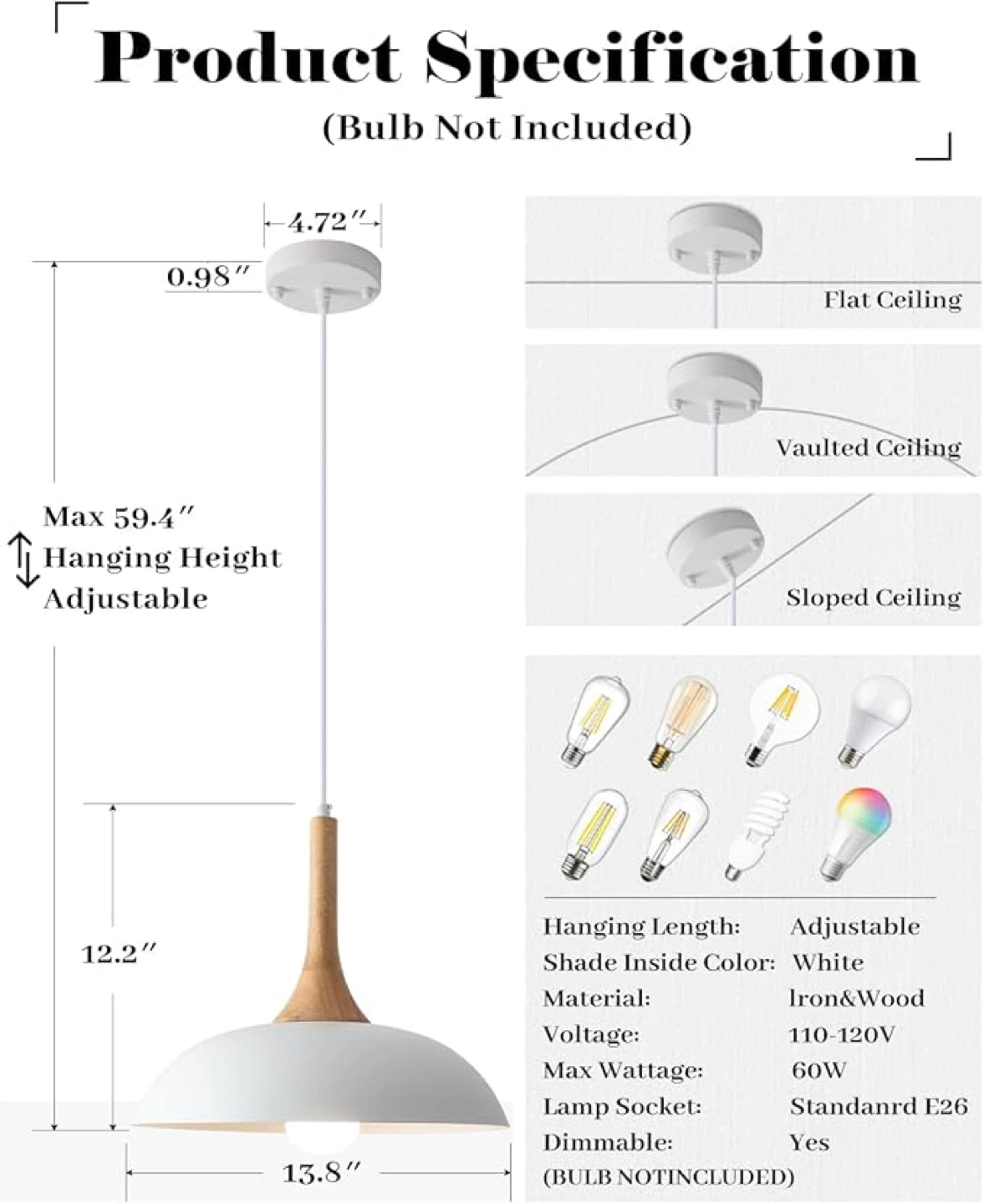 White Pendant Light with Wood Accent - 13.8" Diameter - photo 3