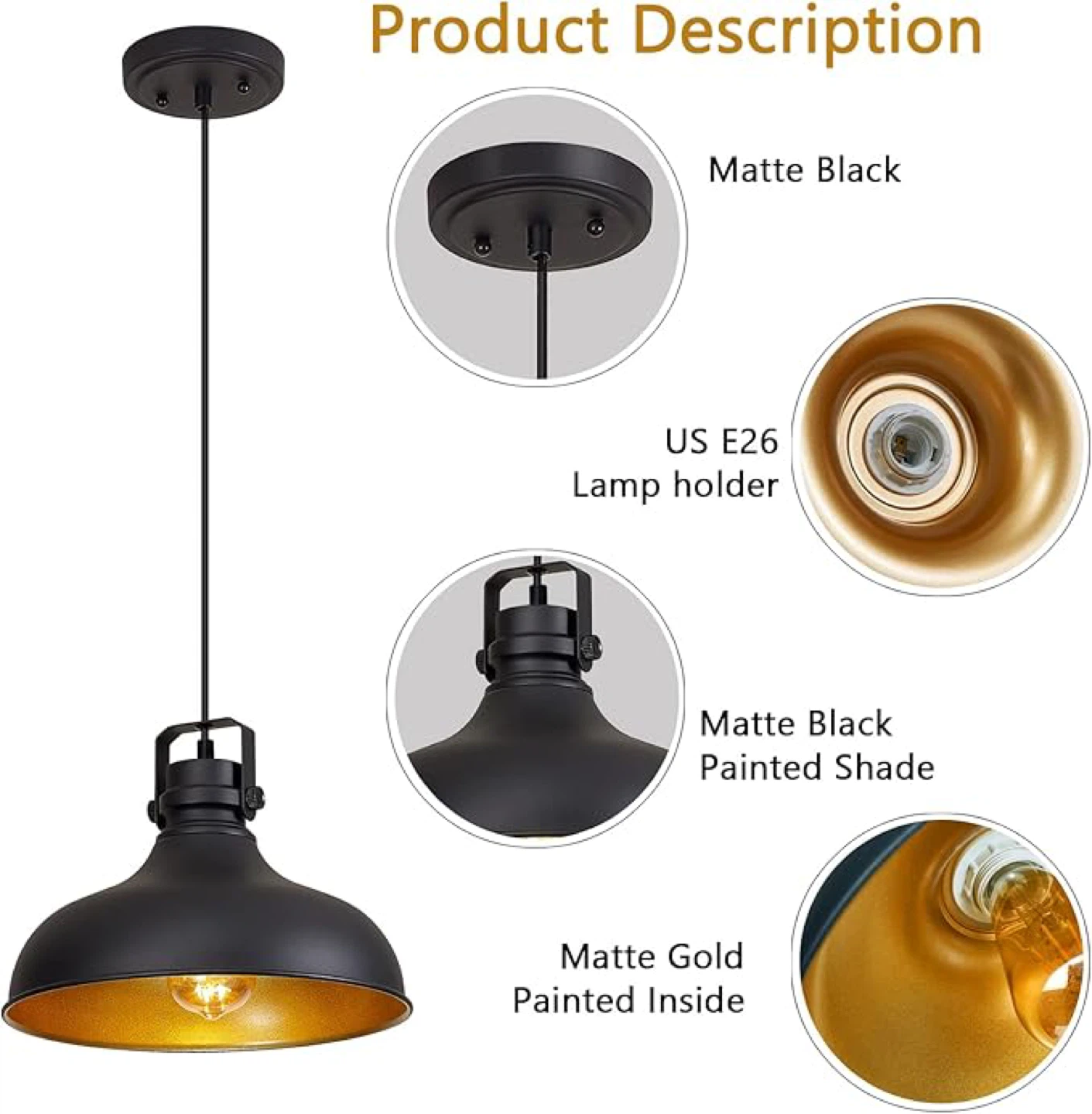 Alaislyc Matte Black Pendant Light Fixture with Gold Interior - photo 3