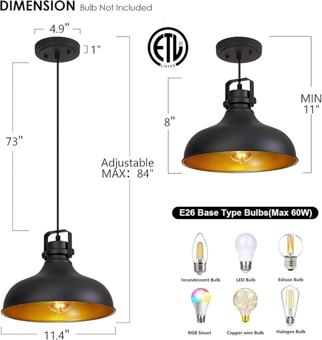 Alaislyc Matte Black Pendant Light Fixture with Gold Interior - photo 2