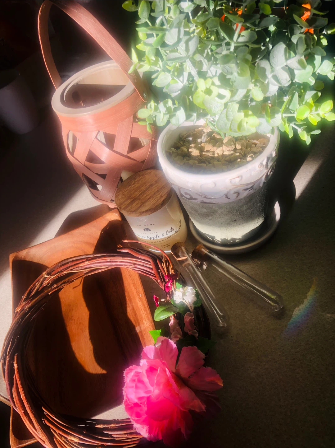 Home Lot: Outdoor Candle, Faux Eucalyptus, Wood Platter, Candle