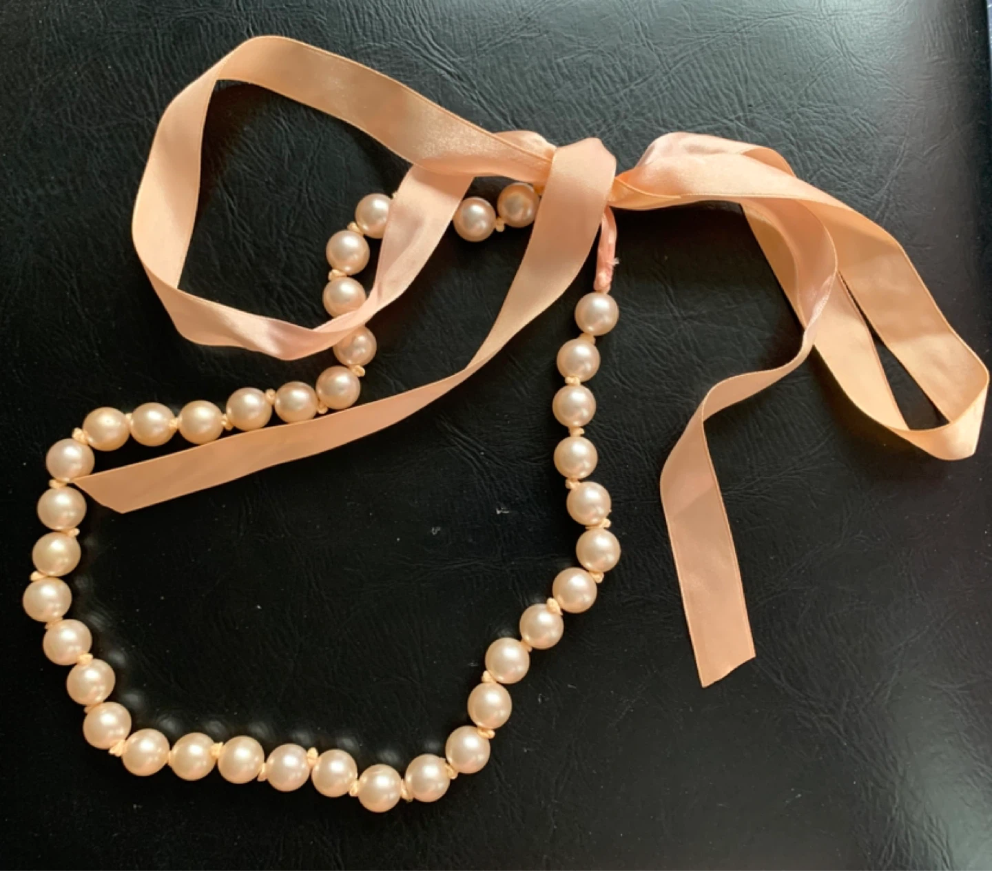 Pearl Necklace with Peach Ribbon