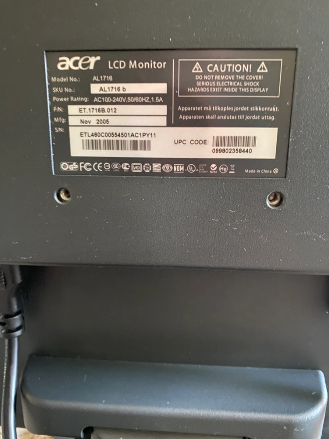 Mint Condition Acer AL1716 17" LCD Monitor - photo 3