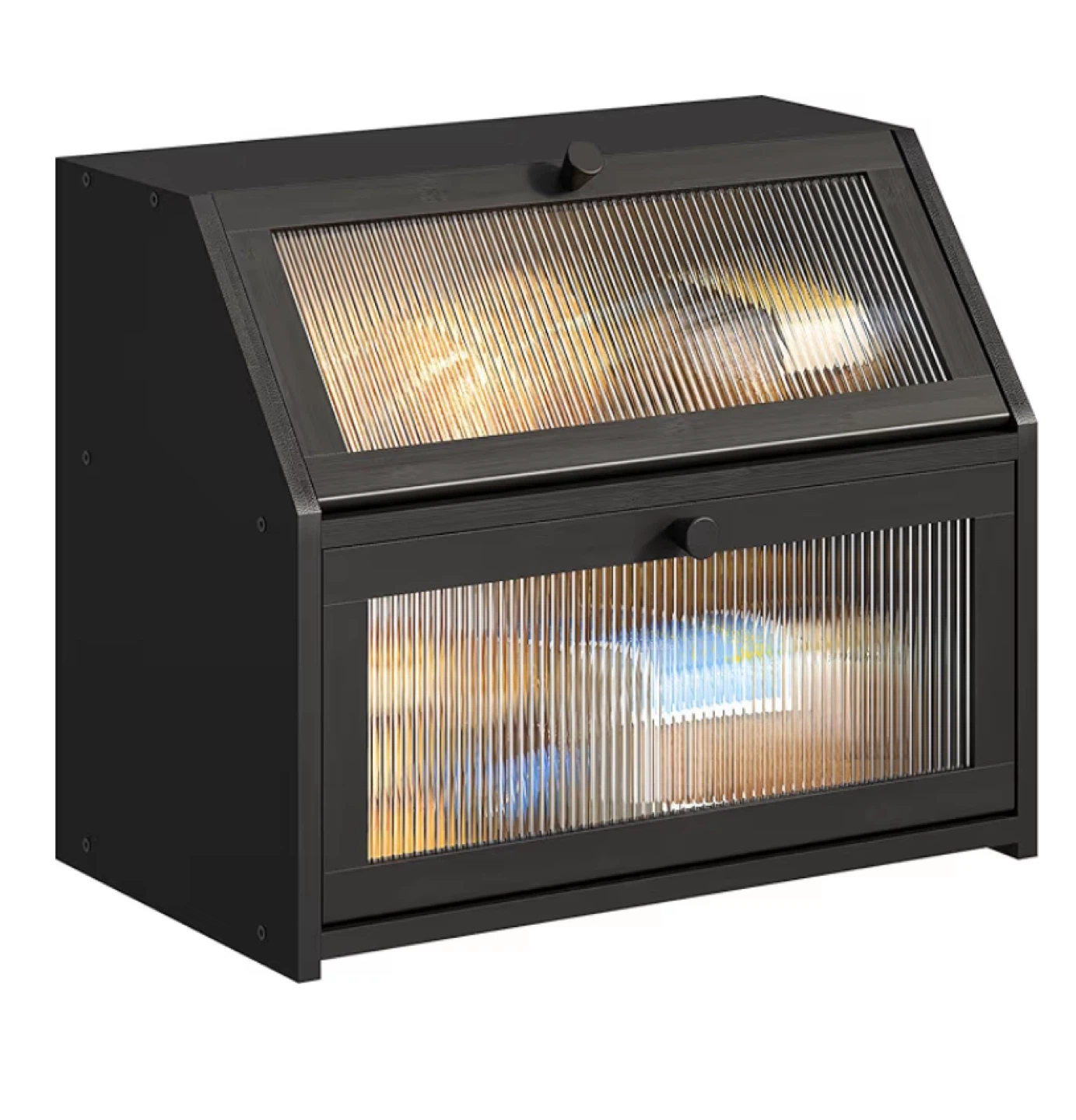 Black 2-Tier Bread Box with Fluted Glass Doors