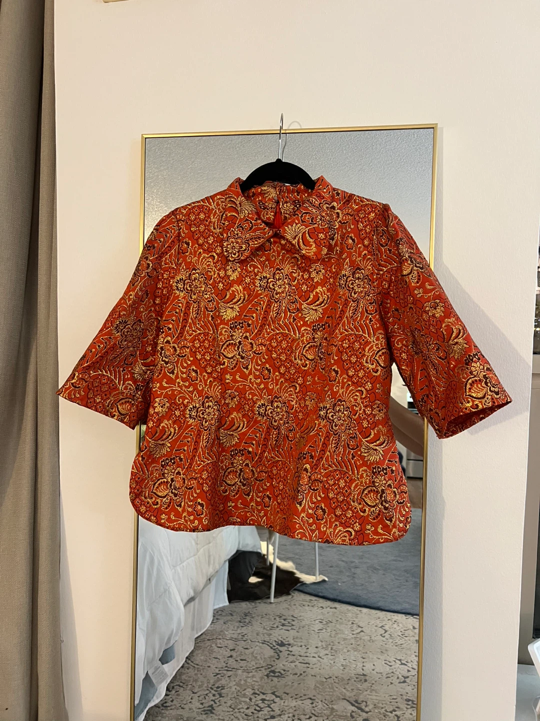 Red Brocade Mandarin Collar Blouse