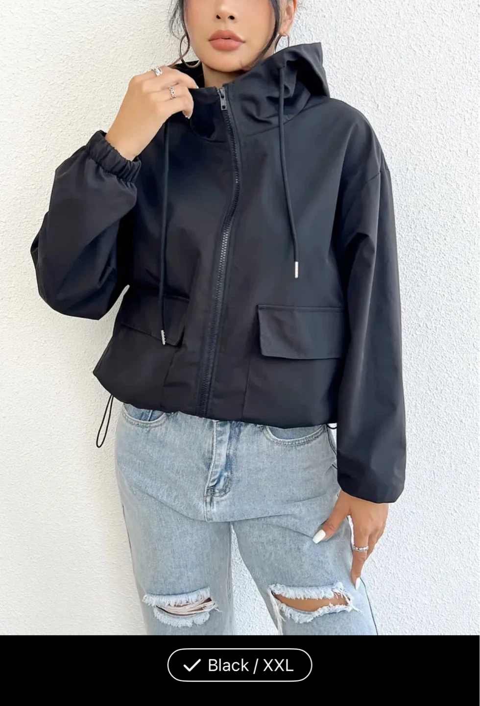 Black Hooded Jacket with Drawstrings - Size XXL