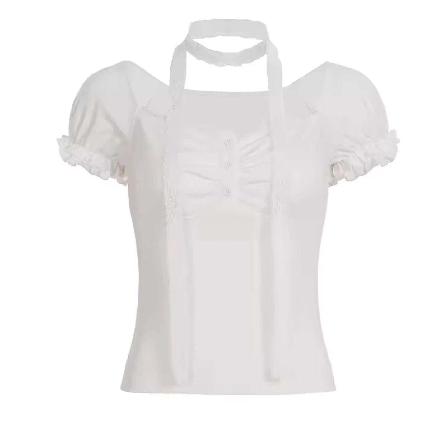 XS Korean Style White Puff Sleeve Lace Trim Square Neck Top - photo 3