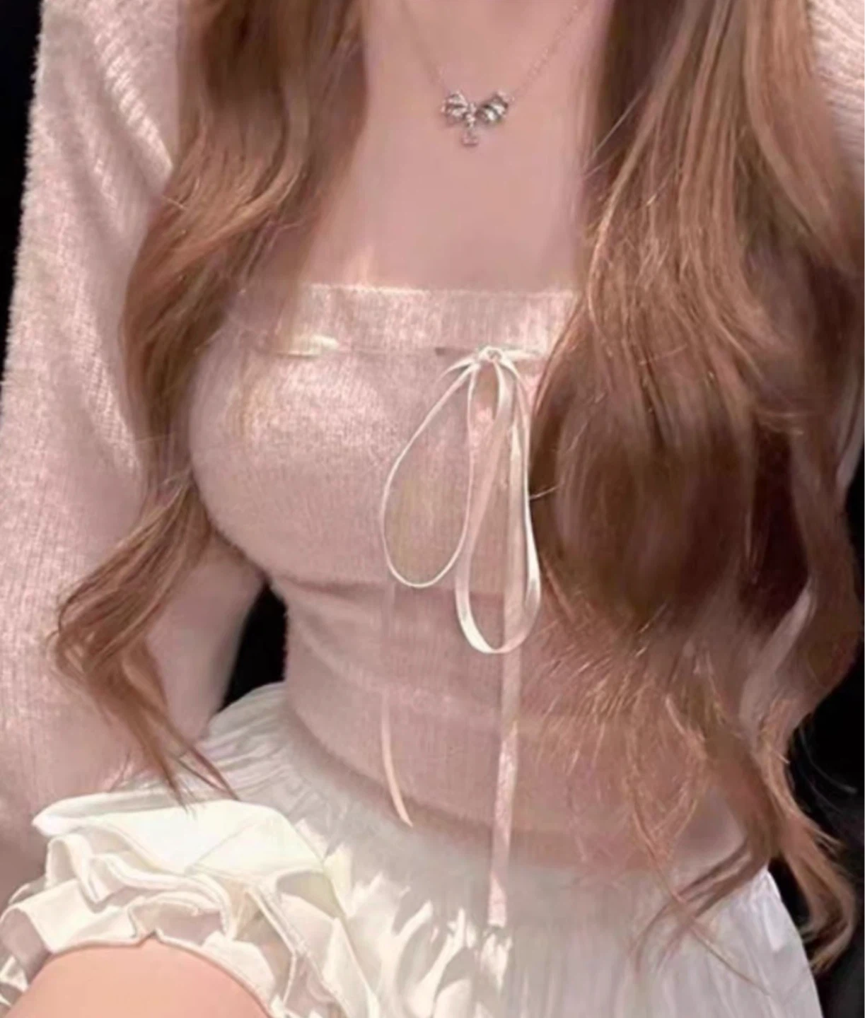 XS Pink Cute Fuzzy Tie-Front Long Sleeve + Tube Top - photo 2