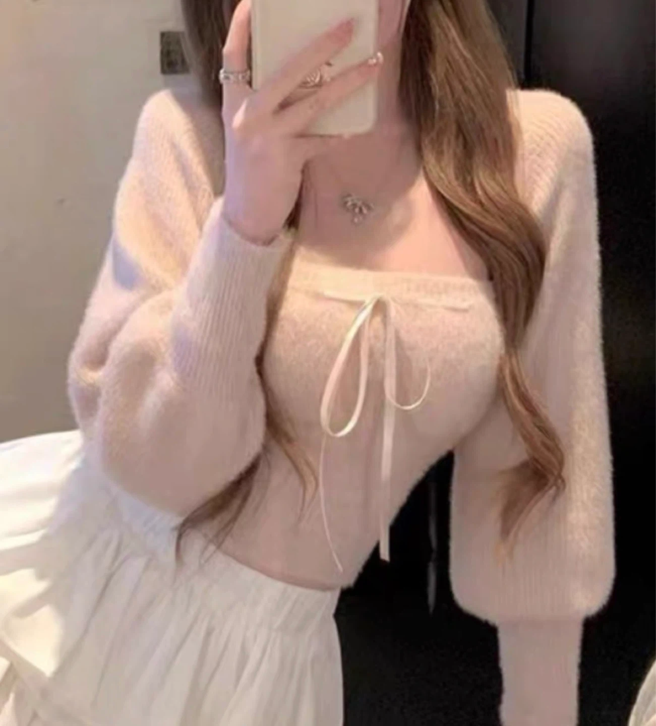 XS Pink Cute Fuzzy Tie-Front Long Sleeve + Tube Top
