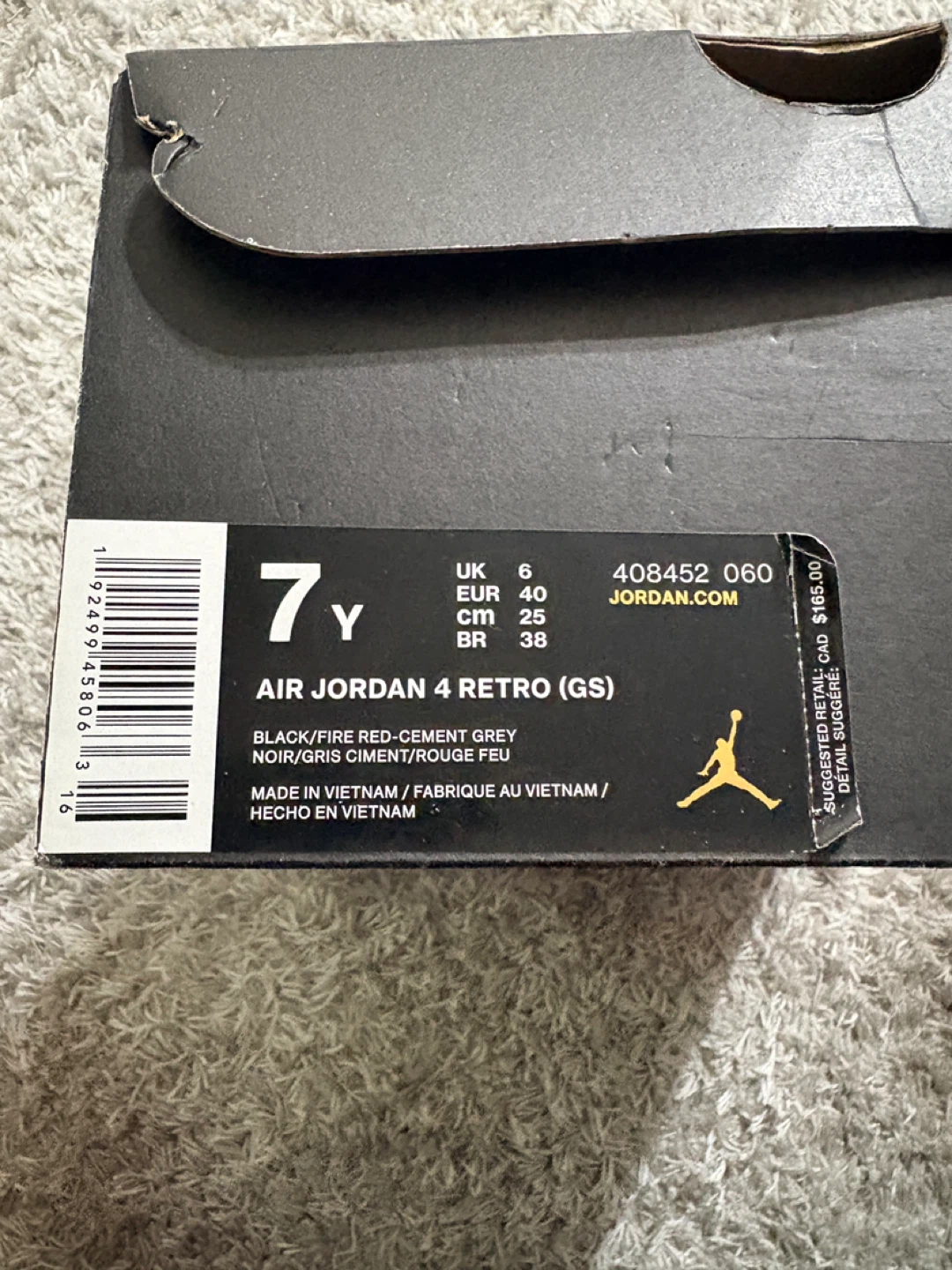 Air Jordan 4 Retro GS "Black/Fire Red-Cement Grey" Youth Size 7Y - photo 4