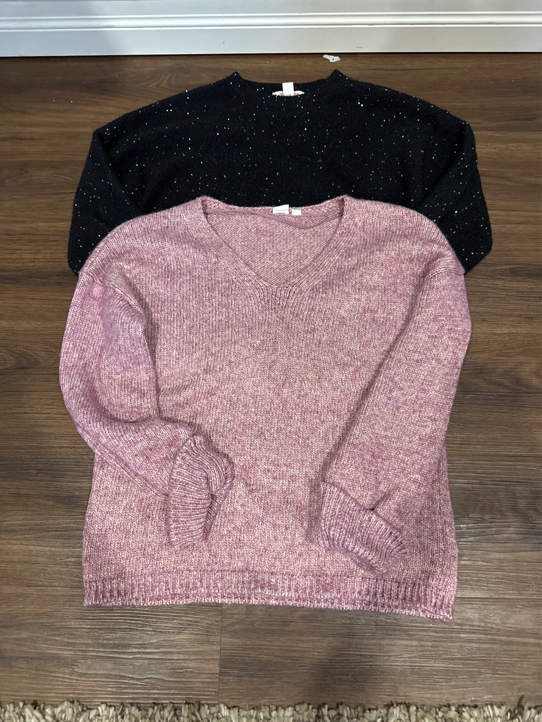 Two Women's Sweaters - Black Sparkle & Pink V-Neck