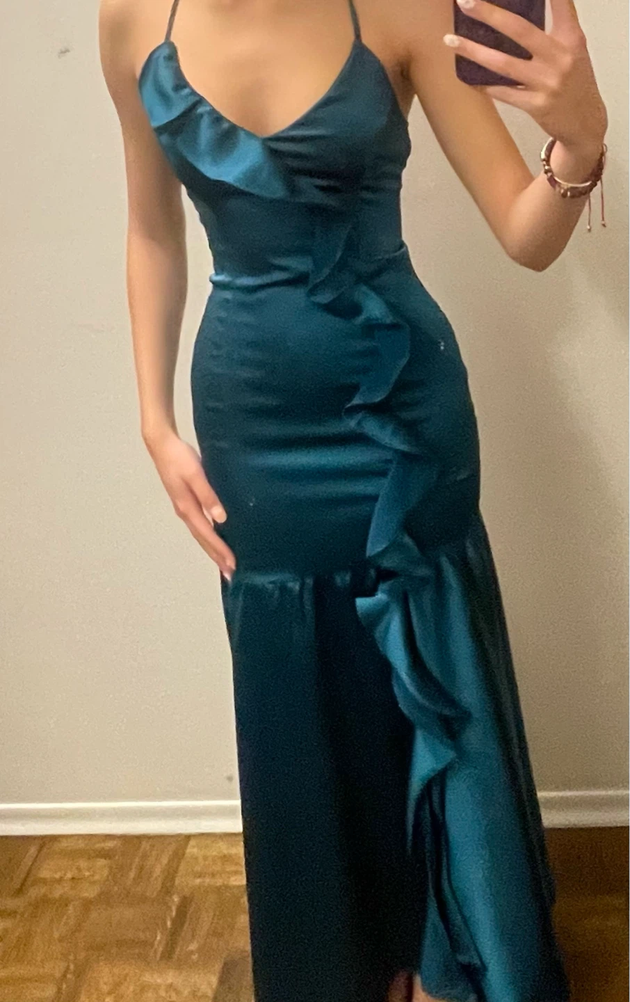 Teal Satin Ruffle Maxi Dress
