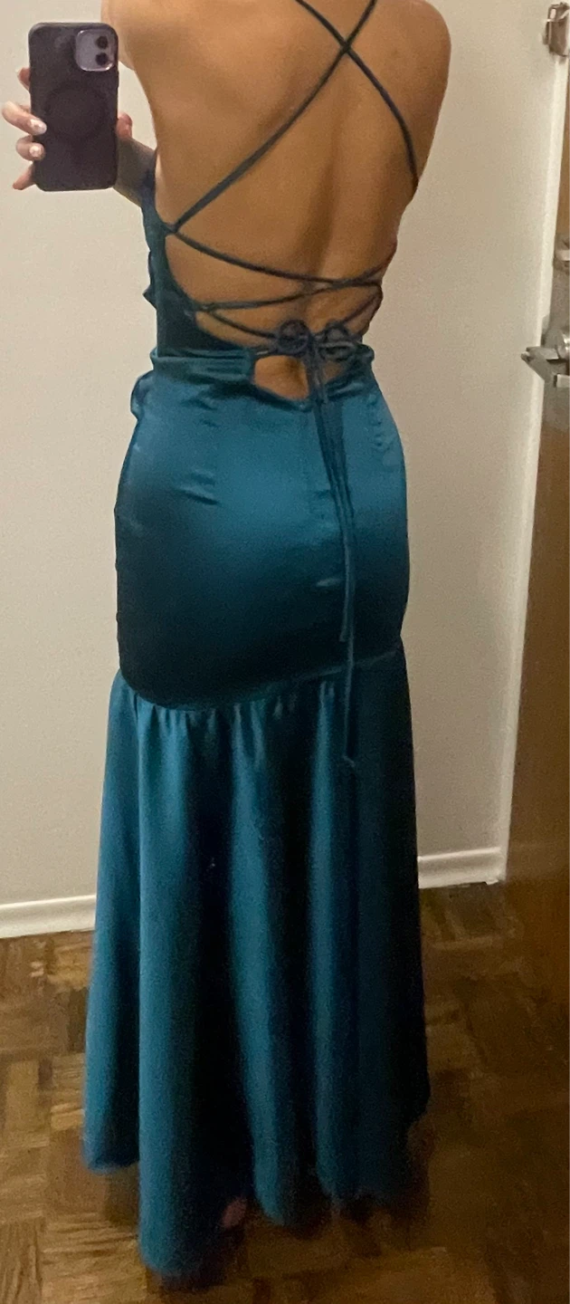 Teal Satin Ruffle Maxi Dress - photo 2