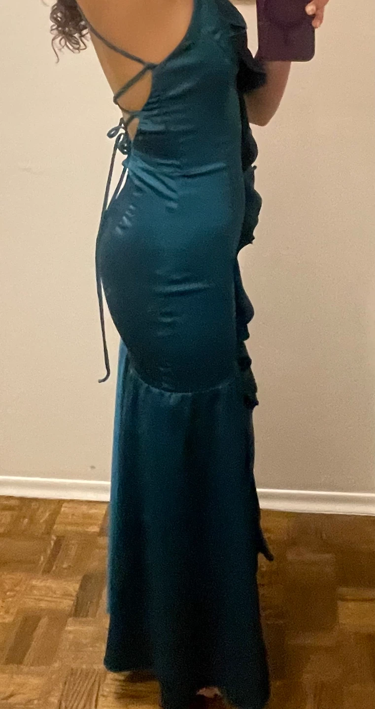 Teal Satin Ruffle Maxi Dress - photo 3