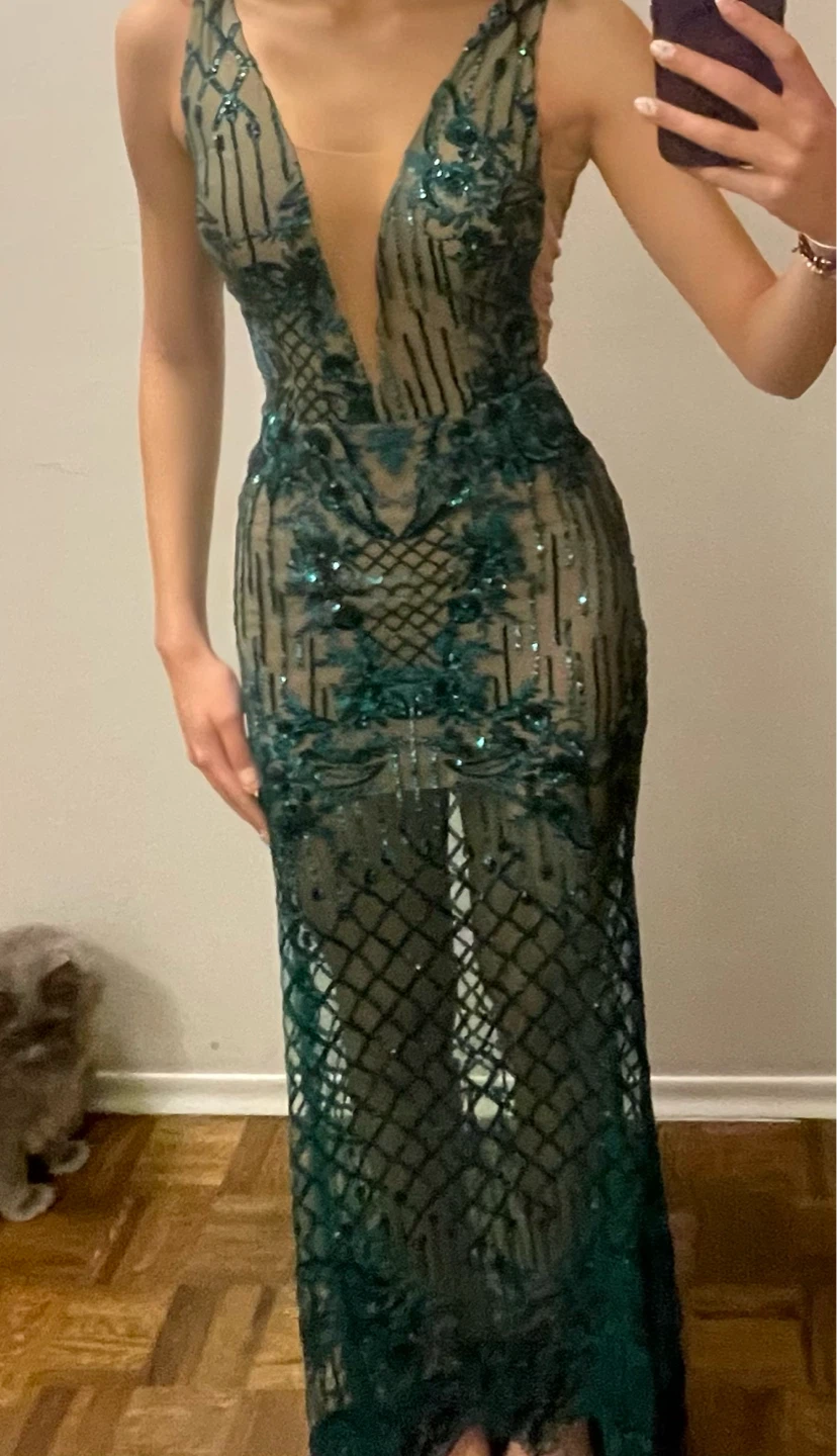 Emerald sequin and lace formal gown